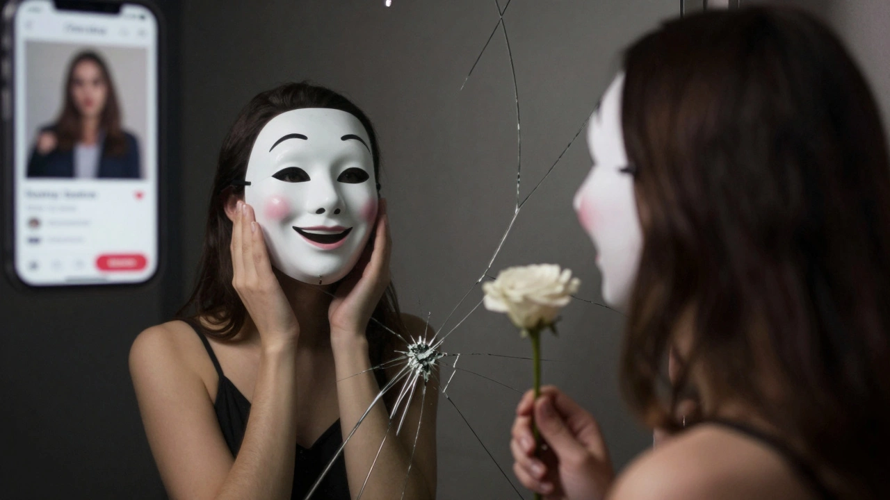 Un miroir brisé montre deux versions de soi : l&#039;une masquée, l&#039;autre authentique, tenant une fleur.
