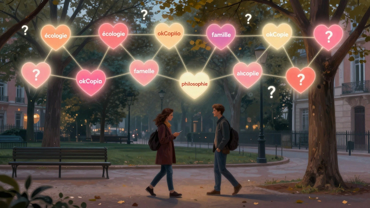 Un réseau de cœurs connectés symbolise la compatibilité sur OkCupid dans un parc urbain au coucher du soleil.