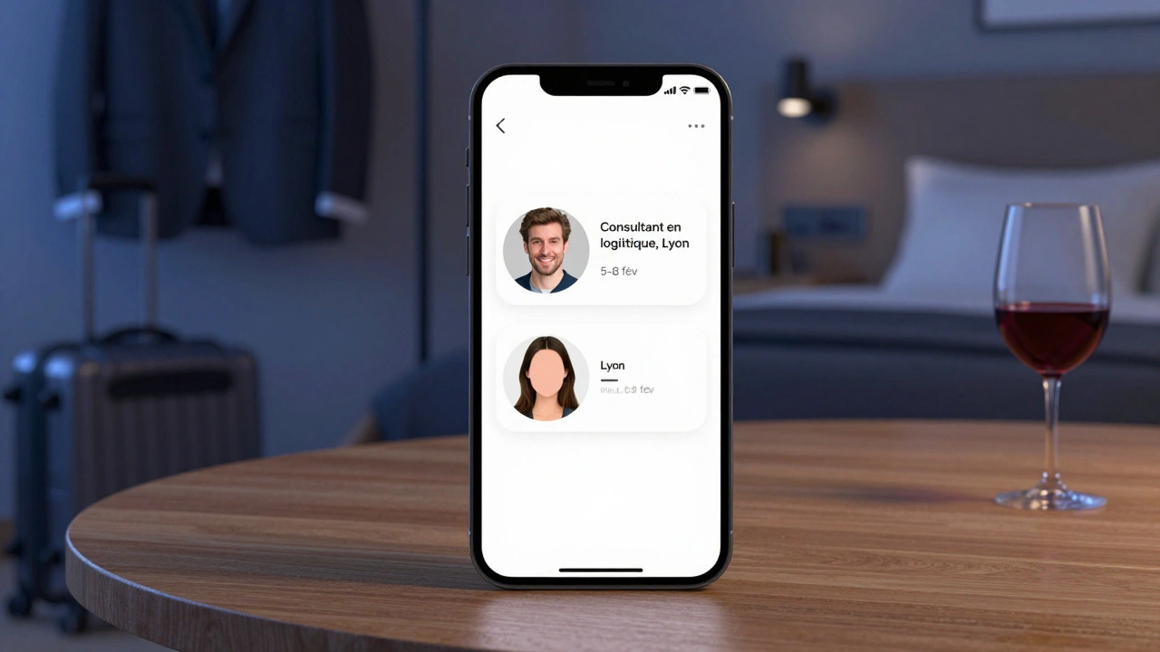 Un téléphone affichant deux profils discrets sur une table de chambre d'hôtel, avec un verre de vin.
