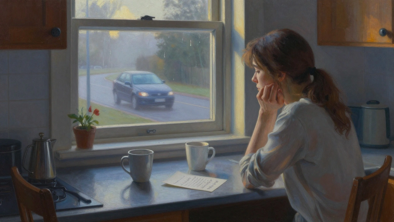 Une femme assise à la cuisine au petit matin, regardant deux tasses vides et une note inachevée.