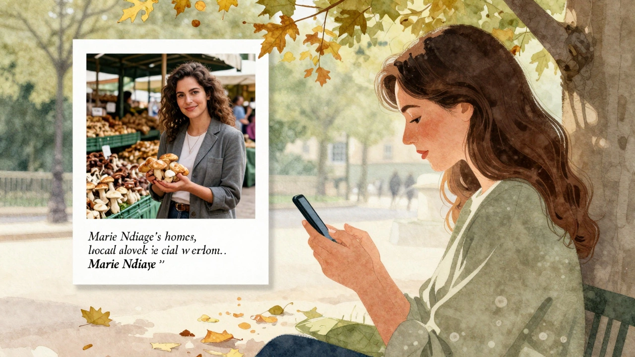 Une femme écrit un message sincère dans un jardin parisien, son profil montre des photos authentiques et une citation littéraire.