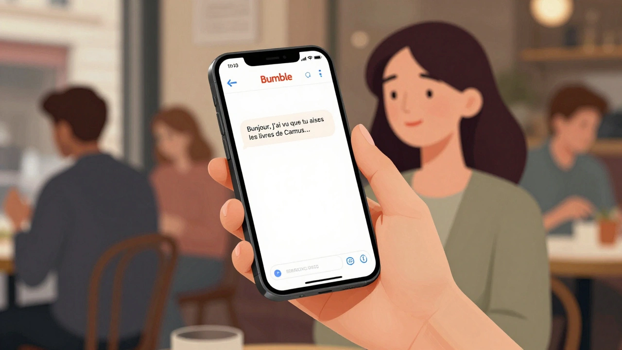 Une femme envoie un message sur Bumble dans un café parisien, lumière douce et ambiance calme.