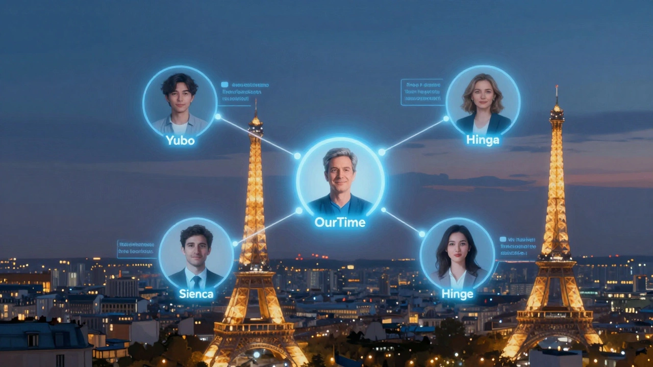 Une interface d&#039;IA flottant au-dessus de Paris, reliant des utilisateurs de différentes générations à travers des liens lumineux.