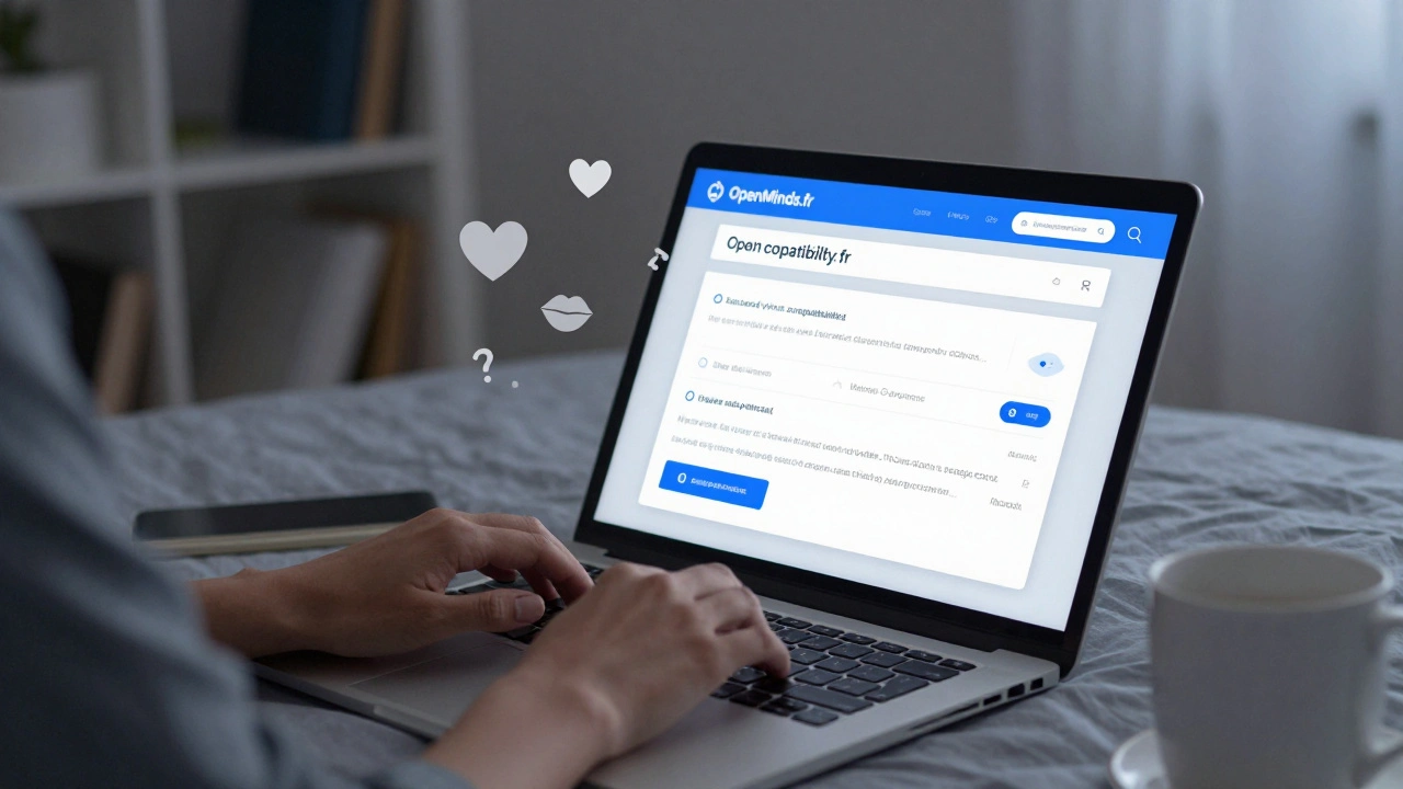 Une main tenant un clavier, l&#039;écran d&#039;un site de rencontre libertines affichant un quiz de compatibilité.