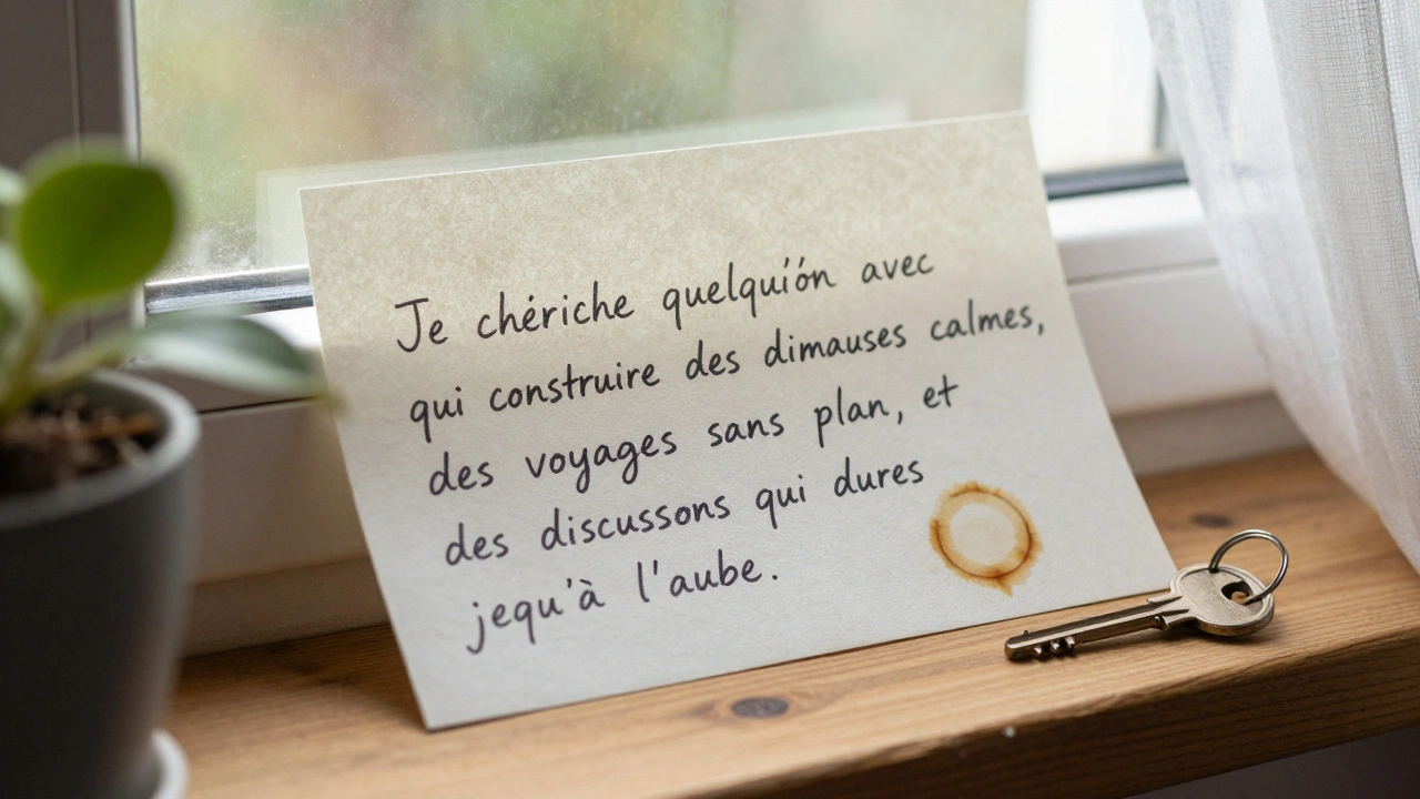 Une note manuscrite sur du papier texturé, avec une tasse de café et une clé, posée près d'une fenêtre ensoleillée.