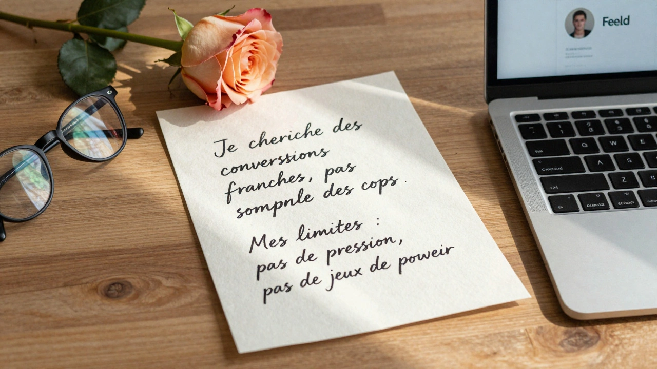 Une note manuscrite sur du papier texturé exprime des limites et des désirs authentiques sur un site de rencontre.