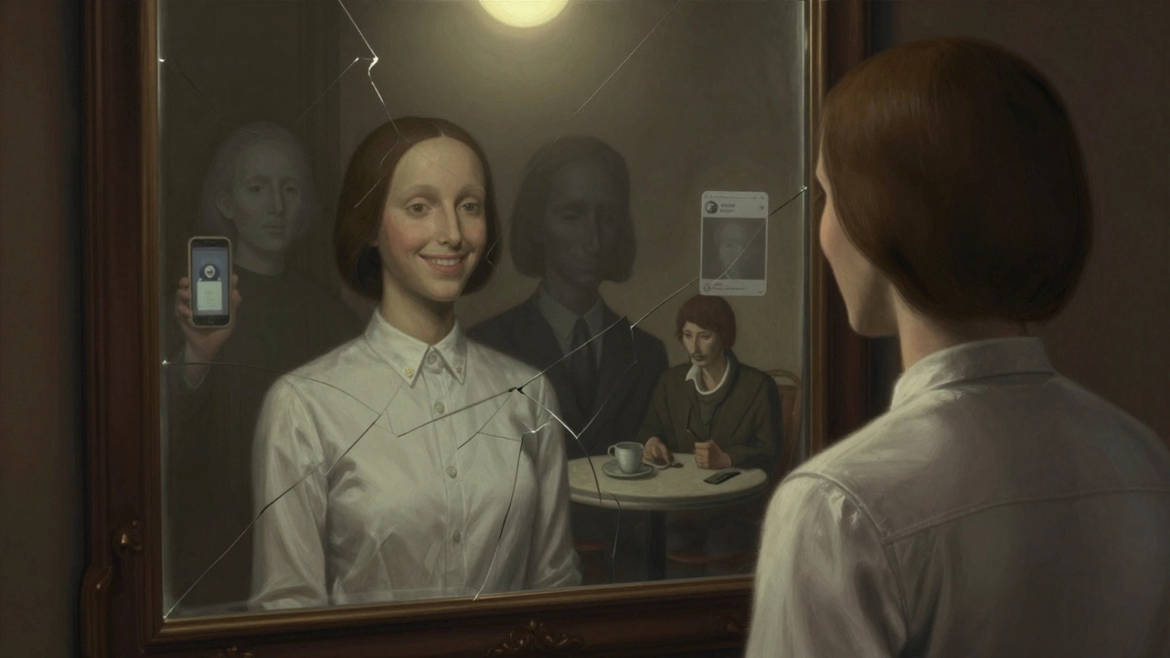 Une personne face à un miroir dont le reflet est déchiré entre deux versions d'elle-même, entourée d'images fantômes.