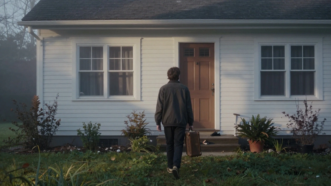 Une personne s&#039;éloigne d&#039;une maison au lever du jour, une valise à la main, en regardant en arrière avec tristesse.