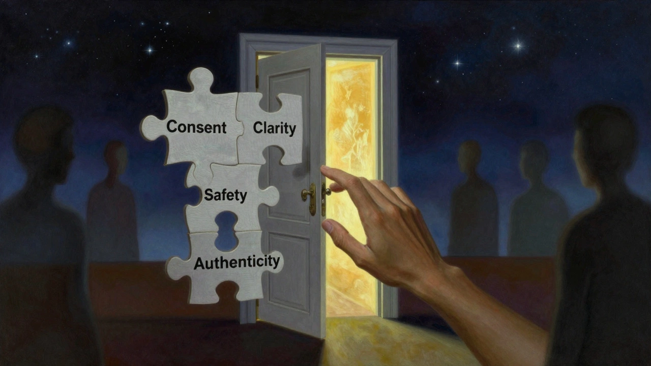 Une porte en pièces de puzzle représentant les valeurs de la liberté consentie, s'ouvrant sur une lumière dorée.