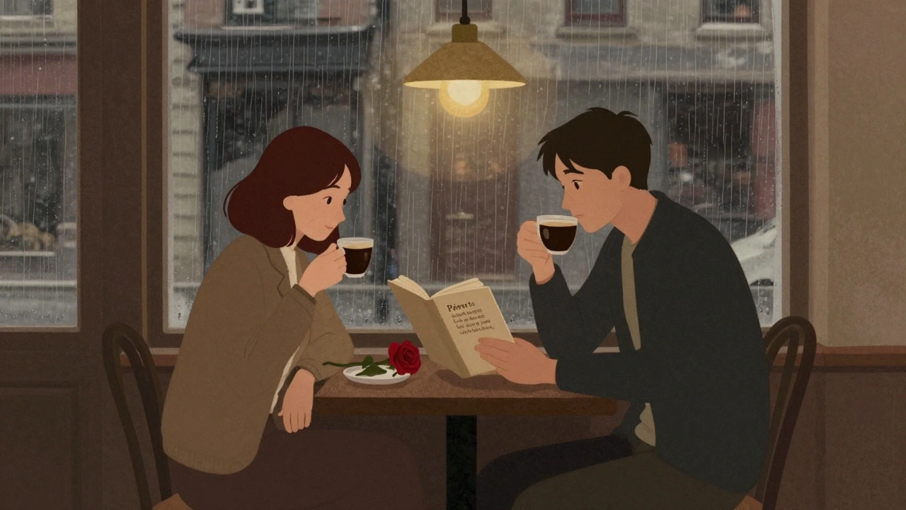 Deux inconnus partagent un café silencieux dans un petit bistrot de Belleville, un livre de Prévert ouvert entre eux.