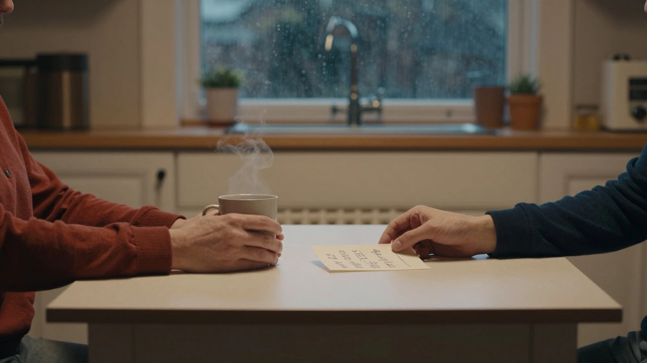 Deux mains échangent une tasse de café et une note écrite à la main, dans une cuisine chaleureuse sous la pluie.