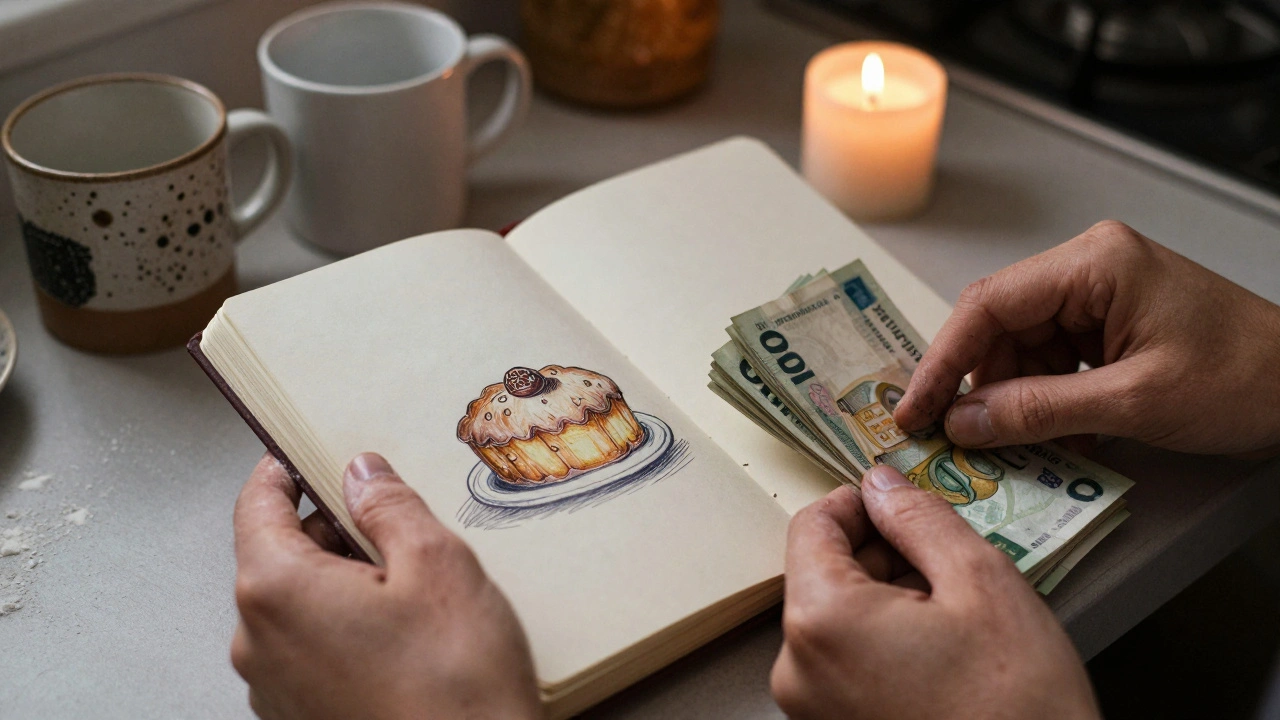 Deux mains posées sur un carnet de croquis et des billets, dans une cuisine chaleureuse et intimiste.