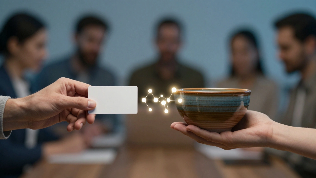 Deux mains qui se rejoignent, l'une tenant une carte professionnelle, l'autre un bol de céramique.