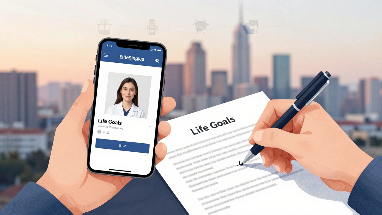 Deux mains signent un document de projets de vie, avec un profil de rencontre vérifié en arrière-plan, symbolisant ambition et sincérité.