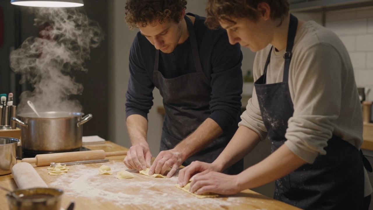 Deux personnes préparent des raviolis ensemble dans une cuisine chaleureuse, les mains pleines de farine, concentrées sur la pâte.