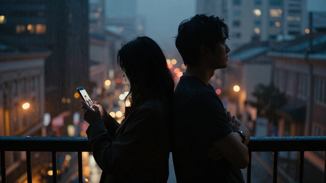 Deux silhouettes dos à dos sur un balcon pluvieux, éloignées malgré leur proximité.