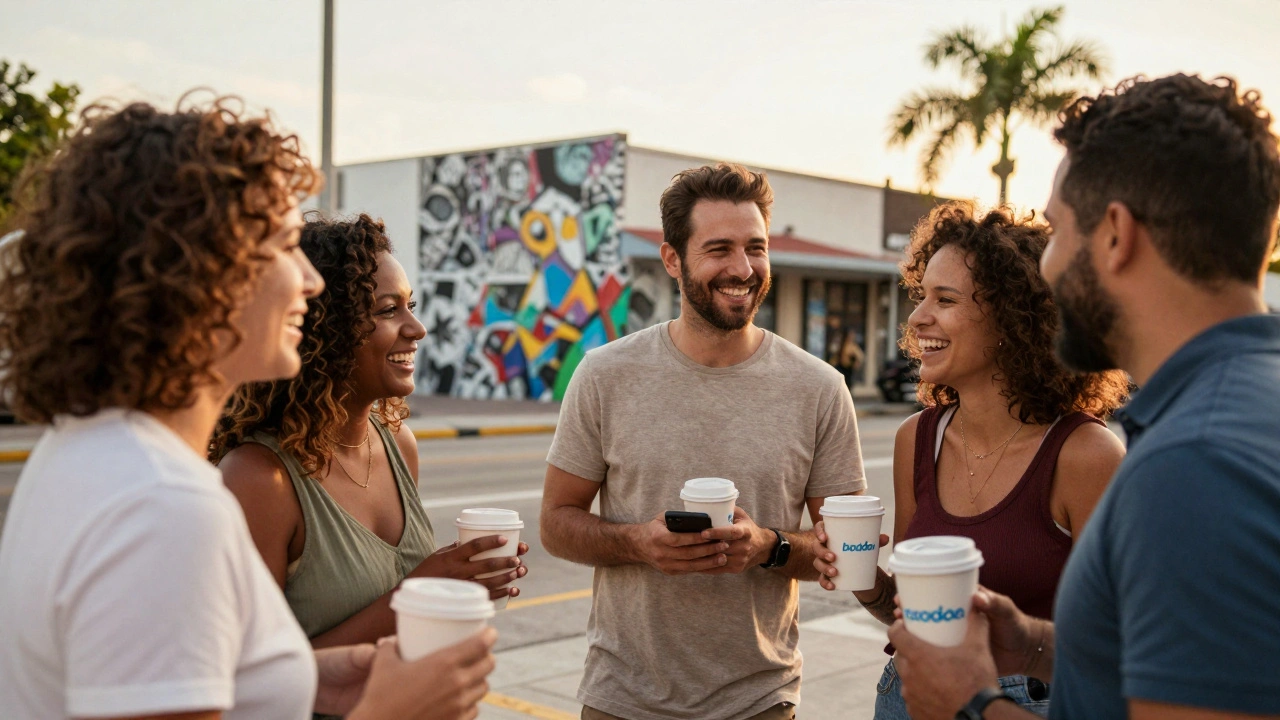 Groupe d'expatriés riant ensemble à Miami après s'être rencontrés sur Badoo, dans un quartier culturel animé.