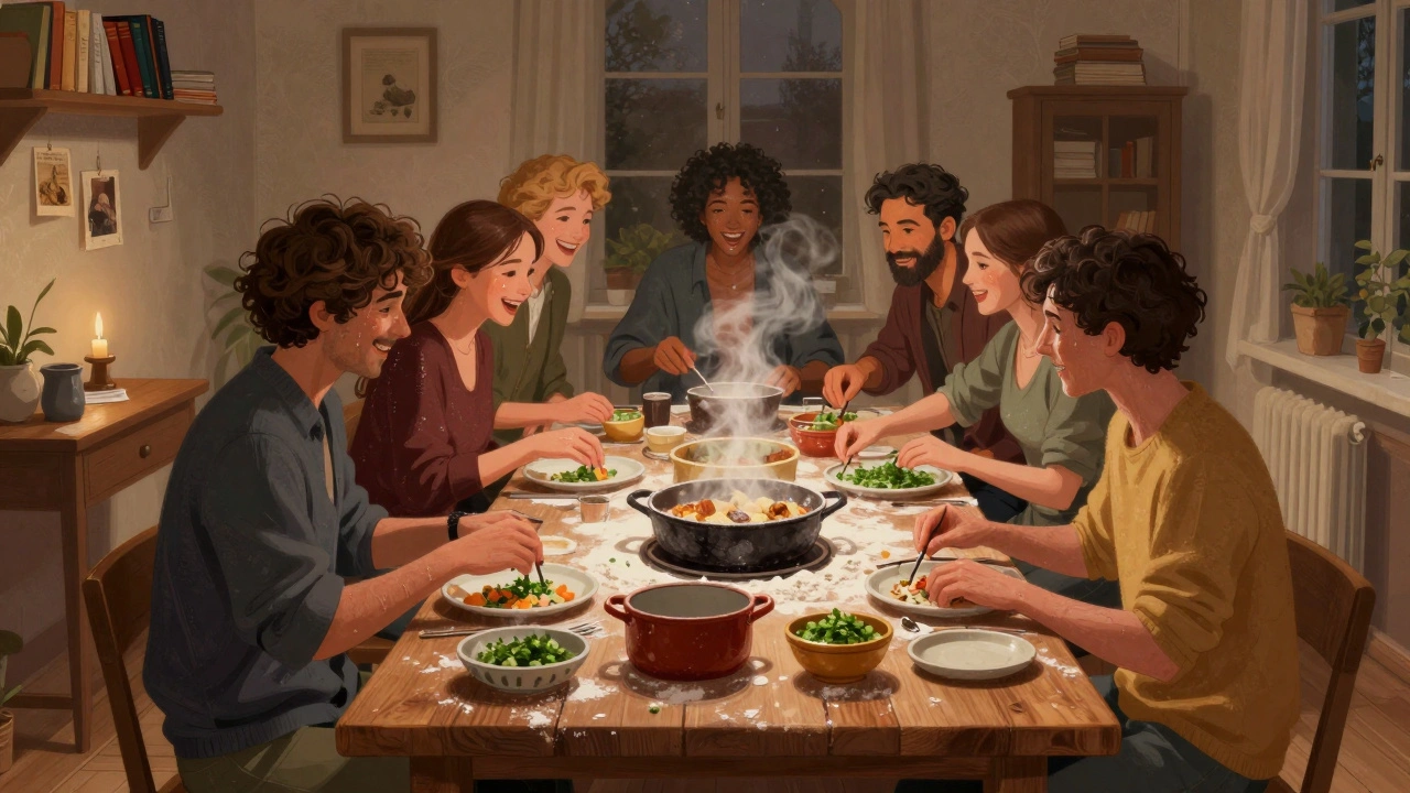 Huit personnes cuisinant ensemble dans une cuisine parisienne, les mains enfarinées, autour d'une table en bois, dans une lumière douce.