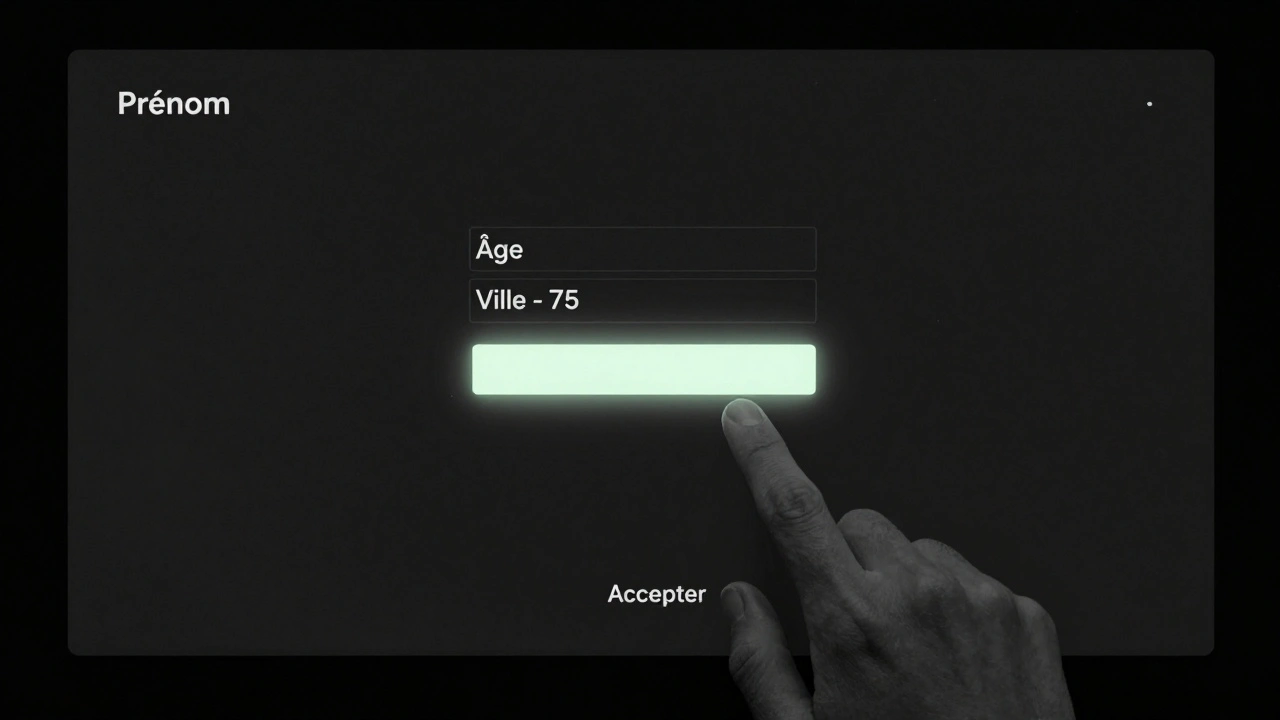 Interface minimale d'un site de rencontre clandestin, sans photos ni identifiants.