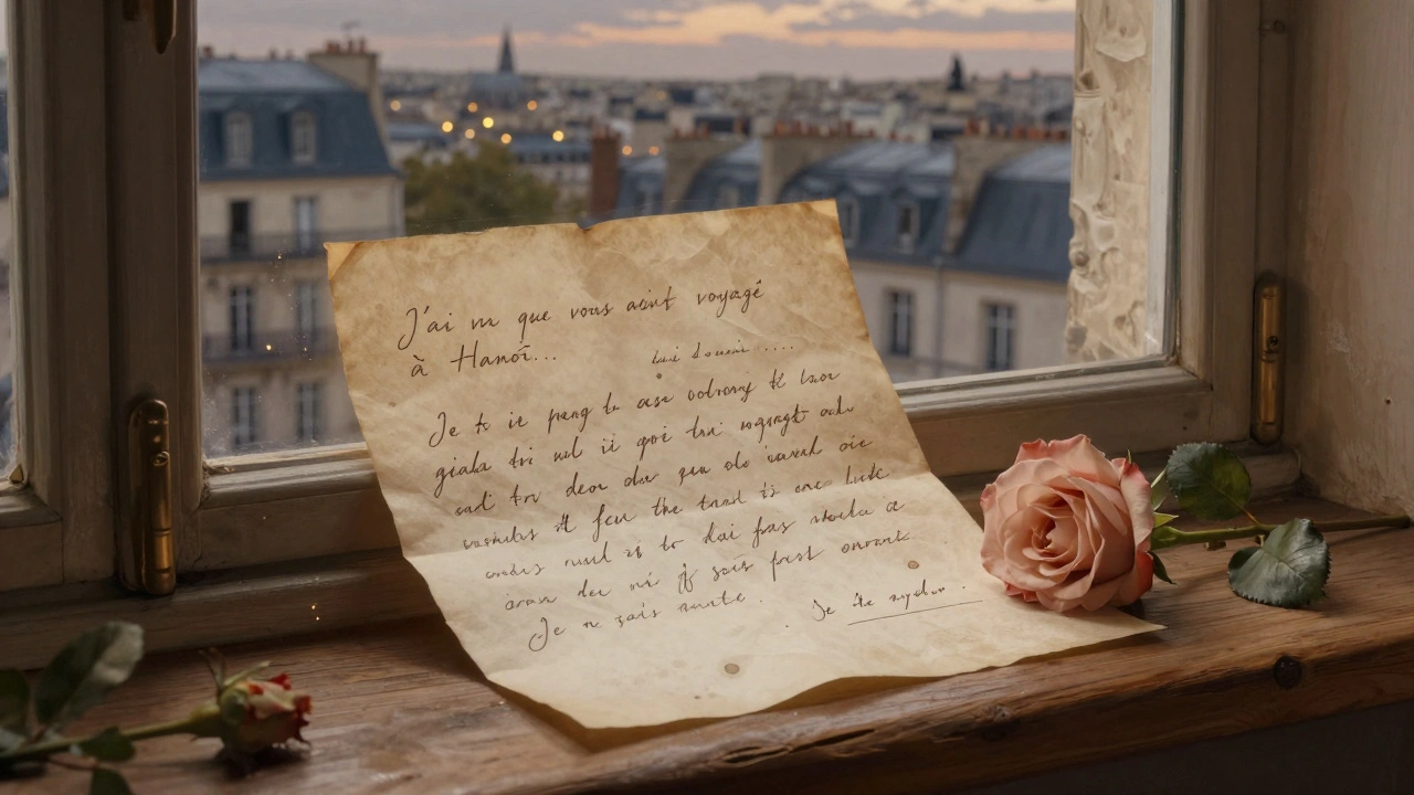 Lettre manuscrite sur du papier ancien, posée près d'une tasse de thé, avec une rose.