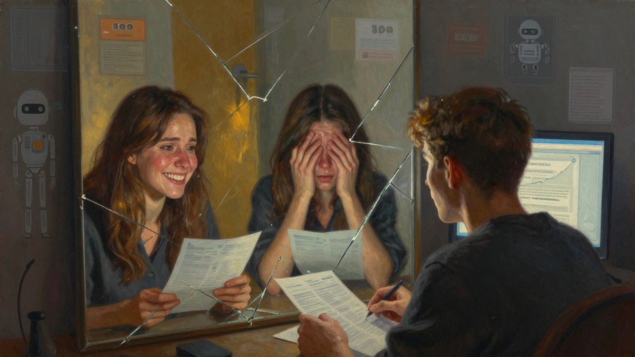 Miroir brisé reflétant trois émotions d'une même personne : illusion, douleur et désespoir.