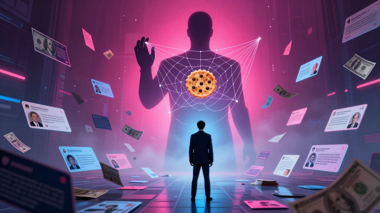 Paysage numérique abstrait avec des profils falsifiés et une silhouette corporative oppressante.