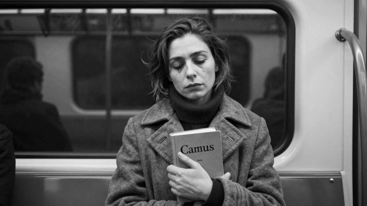 Photo en noir et blanc d'une femme dans le métro, les yeux pleins de larmes, tenant un livre de Camus.