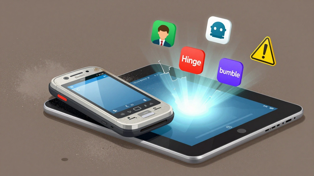 Téléphone ancien Badoo à côté d'applications modernes, entouré de symboles de profils falsifiés et d'avertissements.