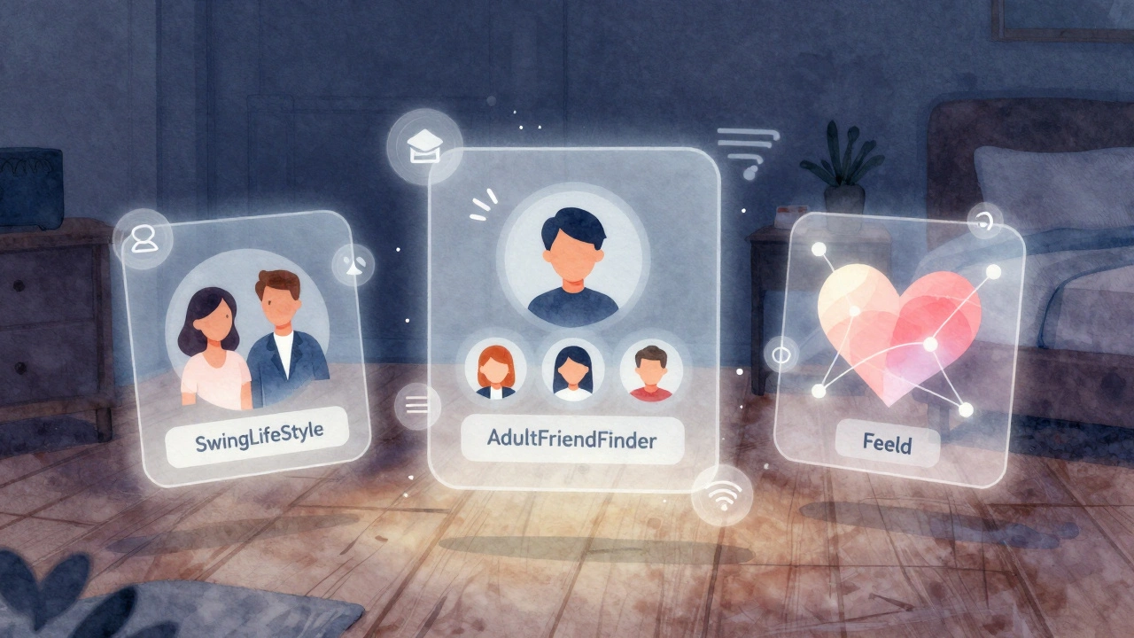 Trois interfaces numériques de sites de rencontre libertines flottent dans une chambre paisible.