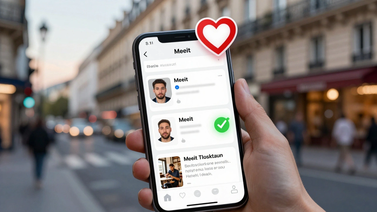 Trois profils de rencontre sur smartphone : deux suspects, un authentique, avec un symbole de danger et de sécurité.