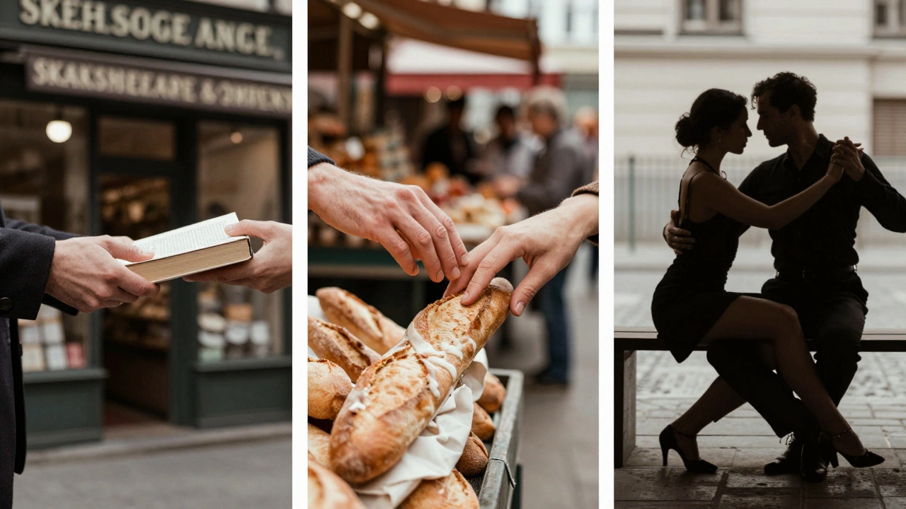 Trois scènes silencieuses de connexions authentiques à Paris : librairie, marché et danse, sans visages, seulement des gestes.