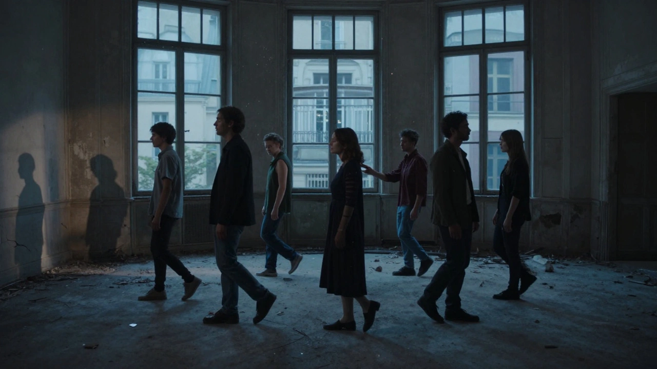 Un cercle de personnes en mouvement silencieux dans un ancien théâtre, leurs ombres allongées sur les murs, dans une lumière bleutée.