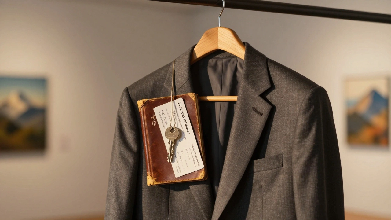Un costume sur mesure posé sur un livre de Malraux, accompagné d'une clé et d'un billet d'avion pour Kyoto.