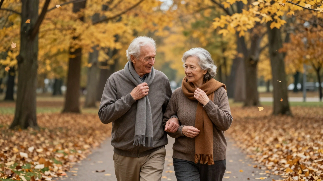 Un couple âgé marche main dans la main dans un parc automnal, les feuilles tombent autour d'eux, en silence.