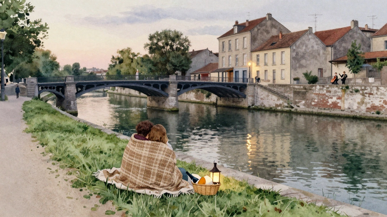 Un couple allongé sur l'herbe près du canal Saint-Martin au crépuscule, avec une couverture et un panier de fromage.