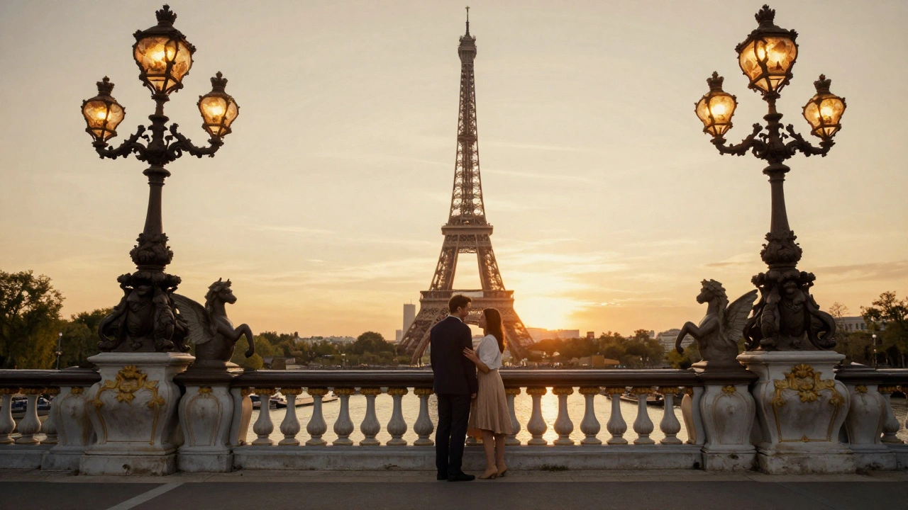 Un couple au milieu du pont Alexandre III au coucher du soleil, la Seine reflétant la lumière dorée, sans touristes autour.