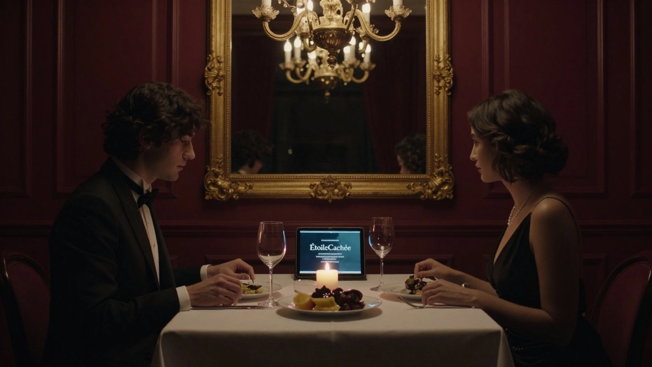 Un couple discrètement dînant dans une salle privée, sans visages visibles.