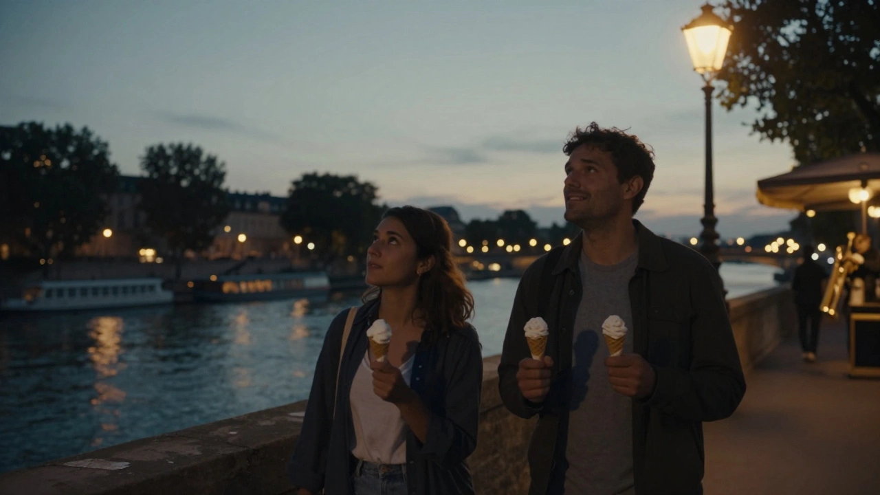 Un couple marchant le long de la Seine au crépuscule, regardant le ciel étoilé avec des glaces à la main.