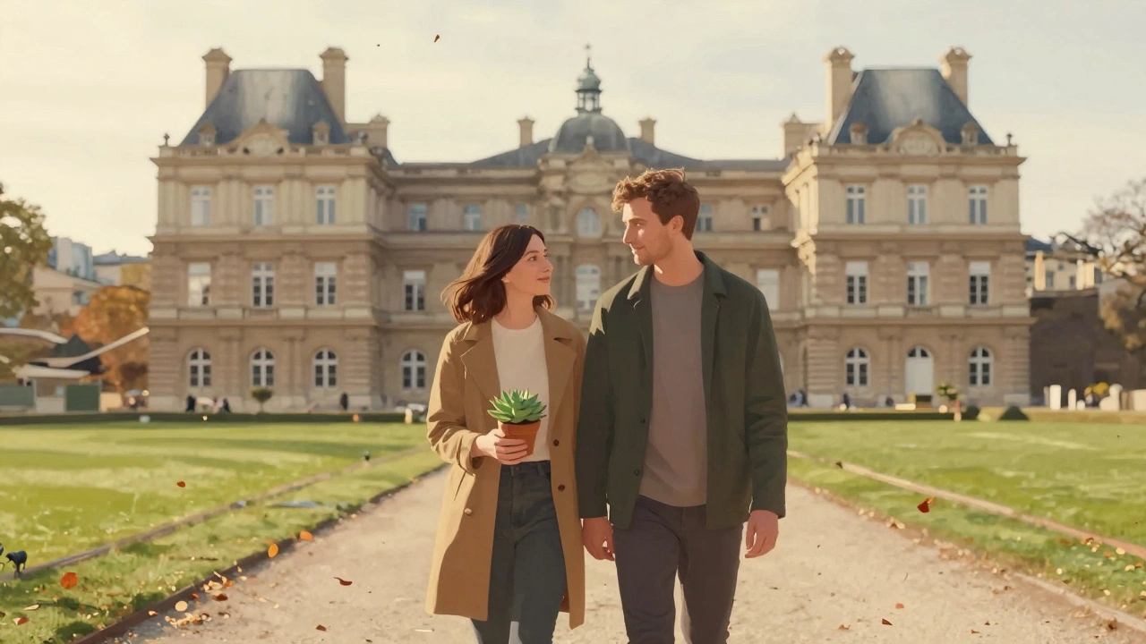 Un couple marche dans le jardin du Luxembourg, elle tenant une petite plante, feuilles d'automne flottent autour d'eux.