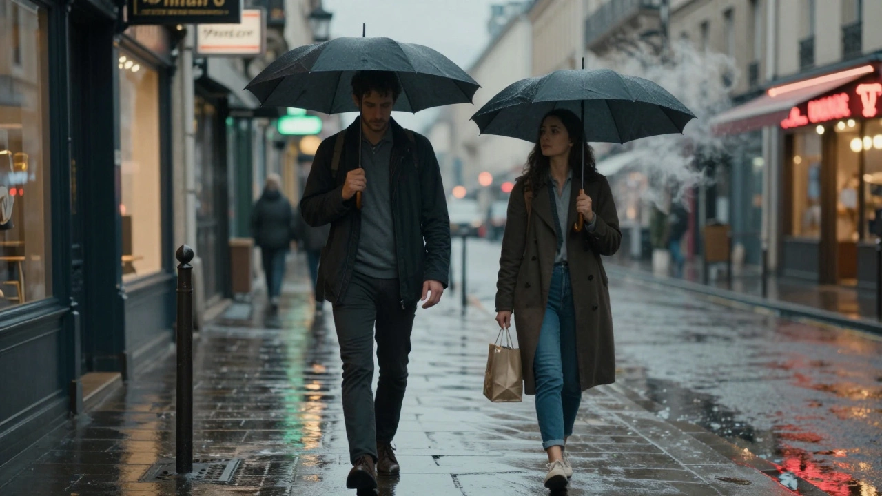 Un couple marche sous la pluie à Lyon, côte à côte, dans une rue illuminée par les néons.