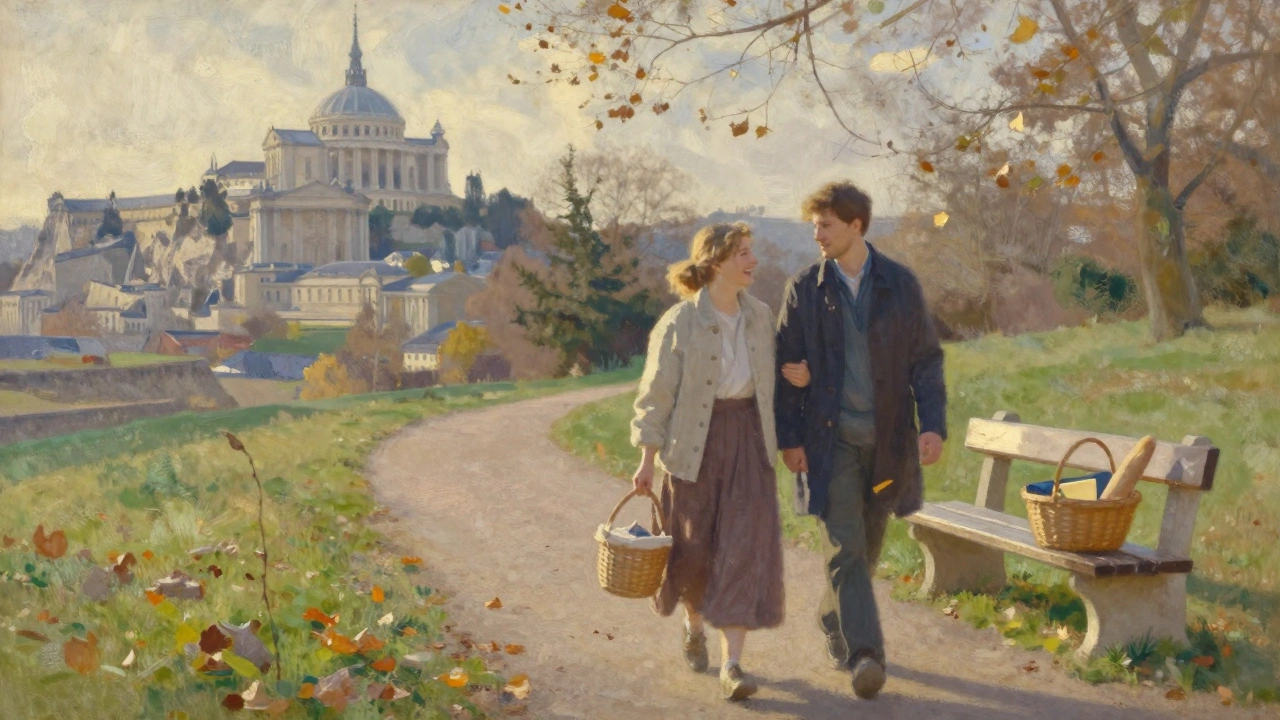 Un couple se promène dans un parc parisien, panier de nourriture à côté d'eux, feuilles d'automne tombent doucement.