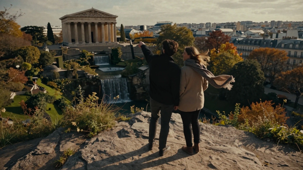Un couple sur une terrasse rocheuse avec vue sur Paris depuis le Parc des Buttes-Chaumont, cascade et temple en arrière-plan.
