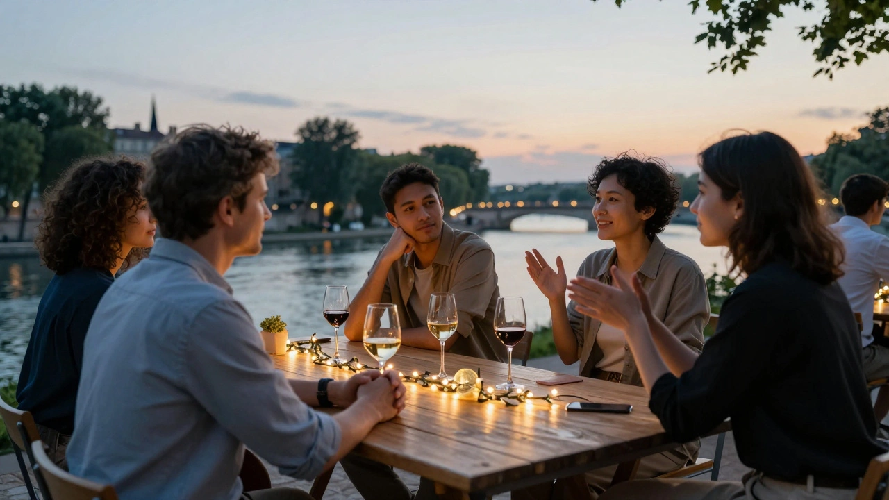 Un groupe d'adultes discute tranquillement lors d'un événement libertin au bord du Rhône à Lyon.