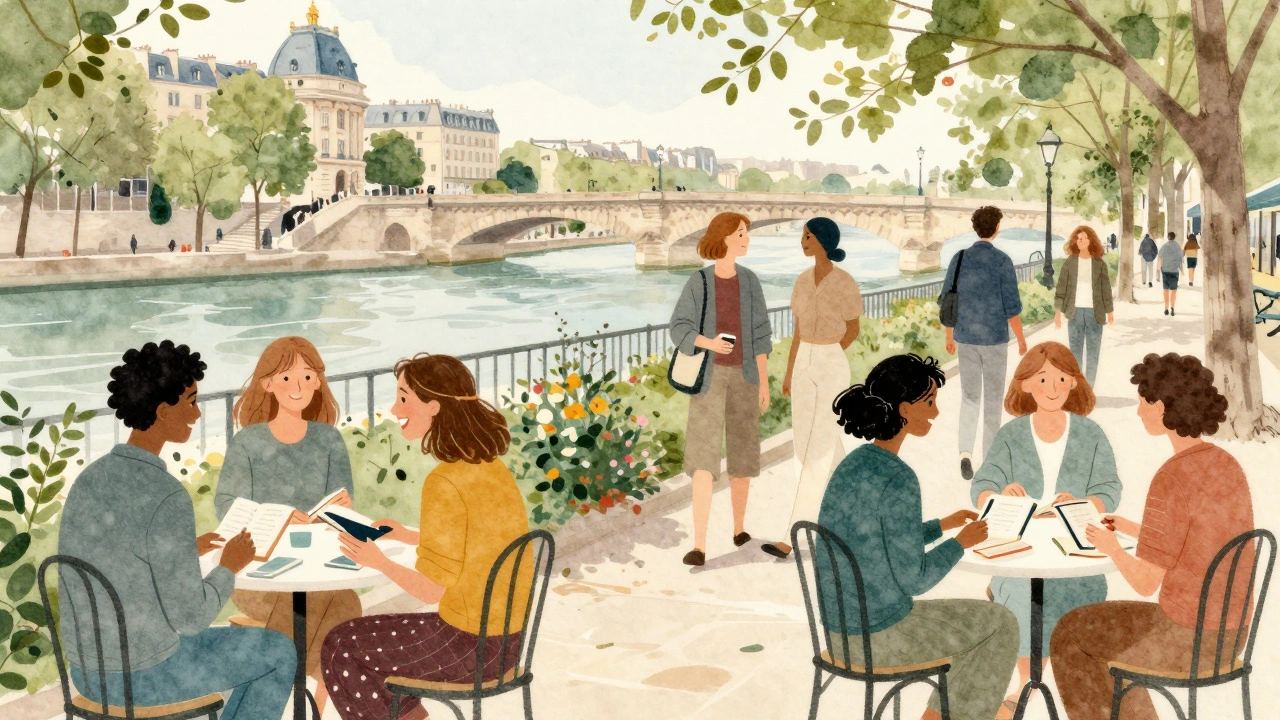 Un groupe diversifié de Parisiens discute et partage des livres dans un jardin ensoleillé.