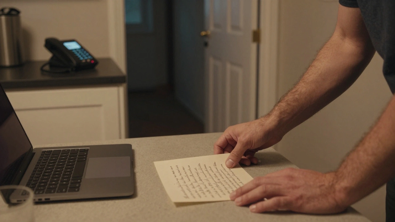 Un homme dépose une lettre manuscrite sur une table de cuisine, un téléphone vibre à côté, une porte entrebâillée derrière lui.