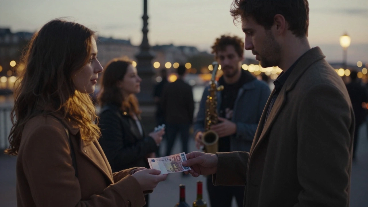 Un homme et une femme échangent un billet et une note dans une file d’attente pour un concert de jazz à Paris.