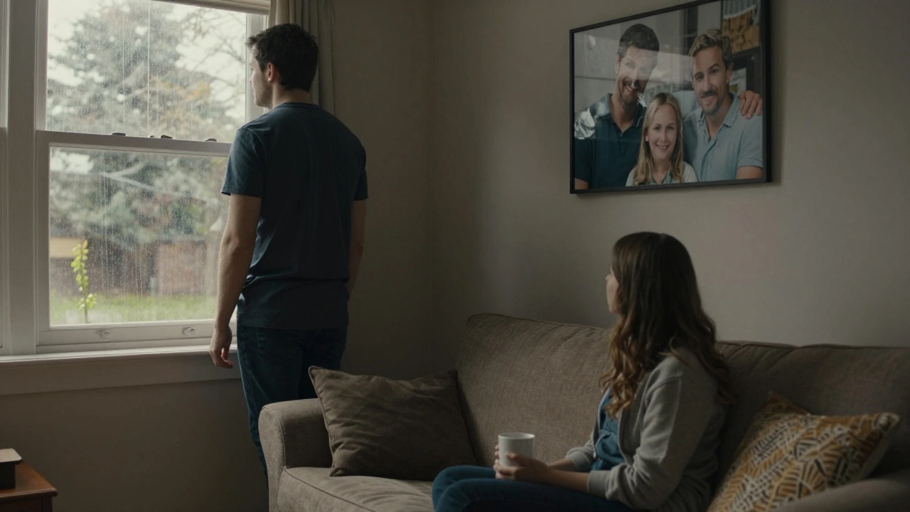 Un homme regarde par la fenêtre pluvieuse tandis que sa femme est assise silencieusement sur le canapé, entre eux une photo de famille.