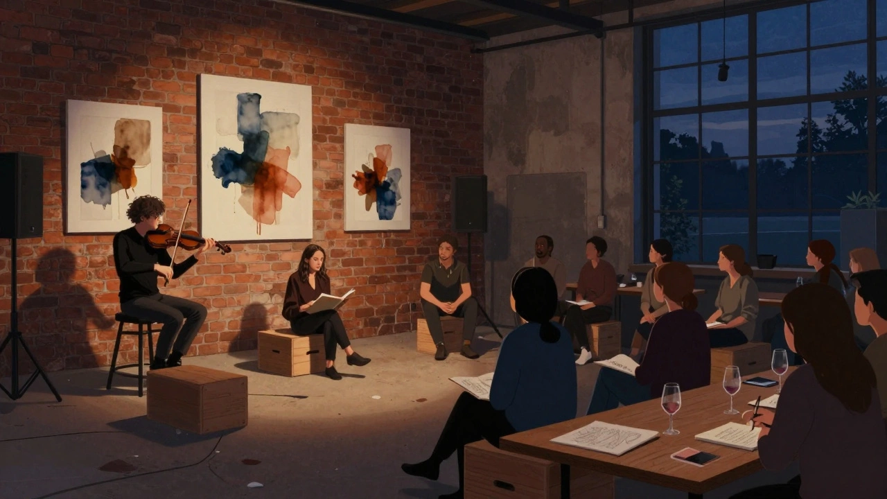 Un musicien répète dans un entrepôt transformé, des peintures murales et des auditeurs assis sur des caisses, lumière chaude.