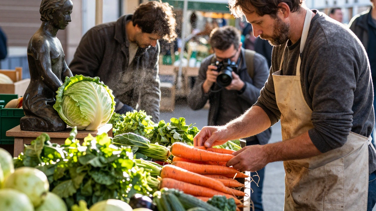 Un peintre choisit des carottes au marché du dimanche, lumière du matin, autres artistes observent les légumes en silence.
