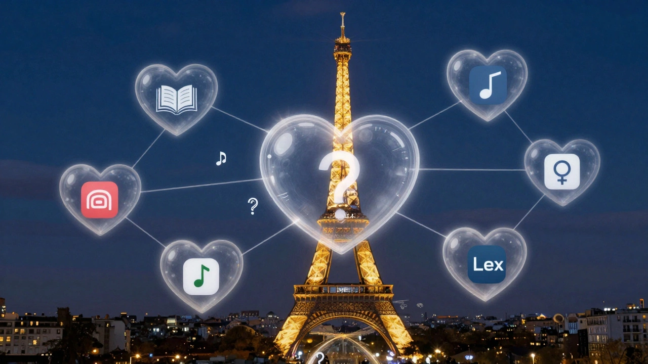 Un réseau de cœurs et de symboles personnels flotte au-dessus du ciel de Paris au crépuscule.